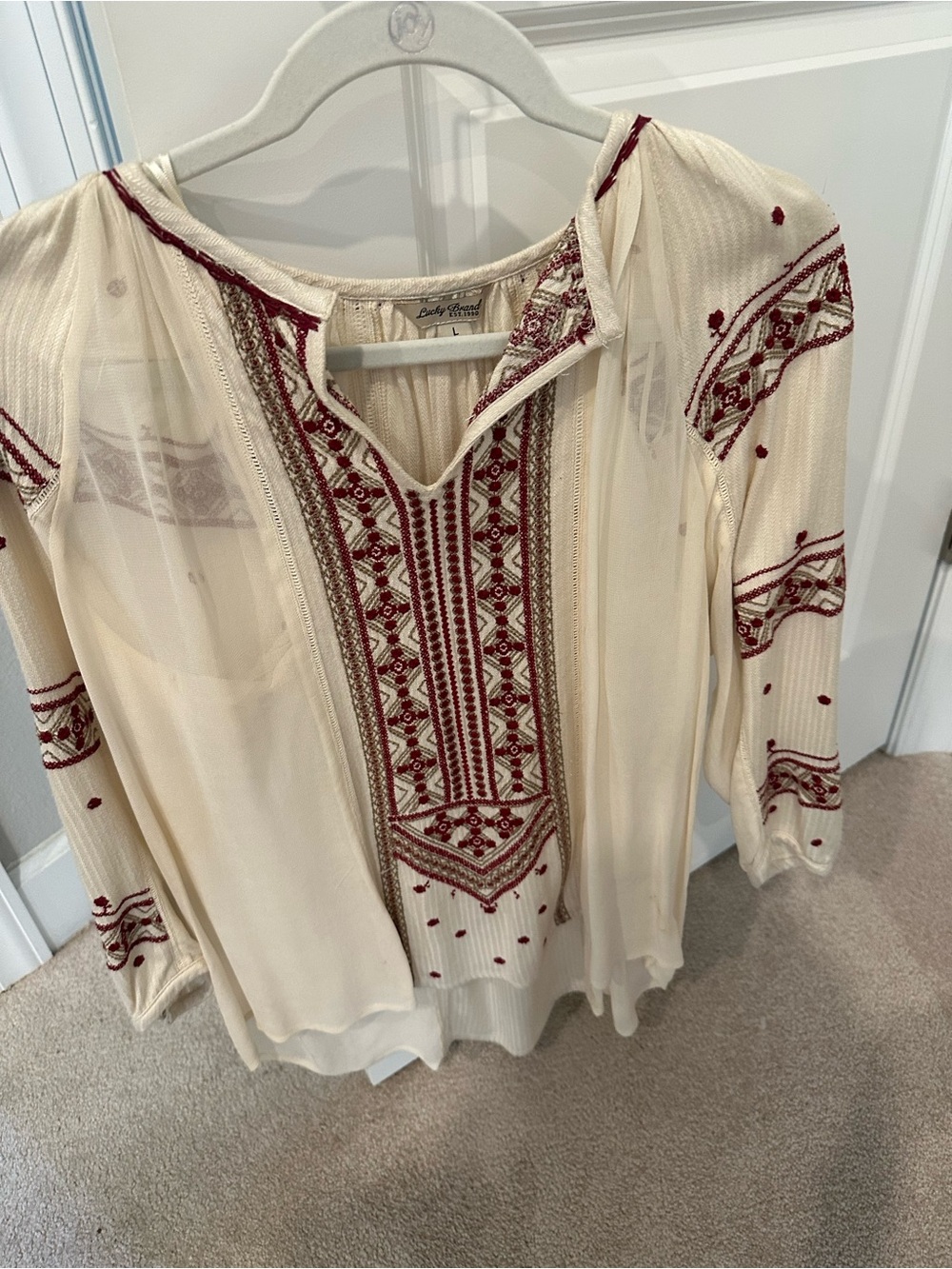 Lucky Brand Cream Blouse with Red Embroidered Panels